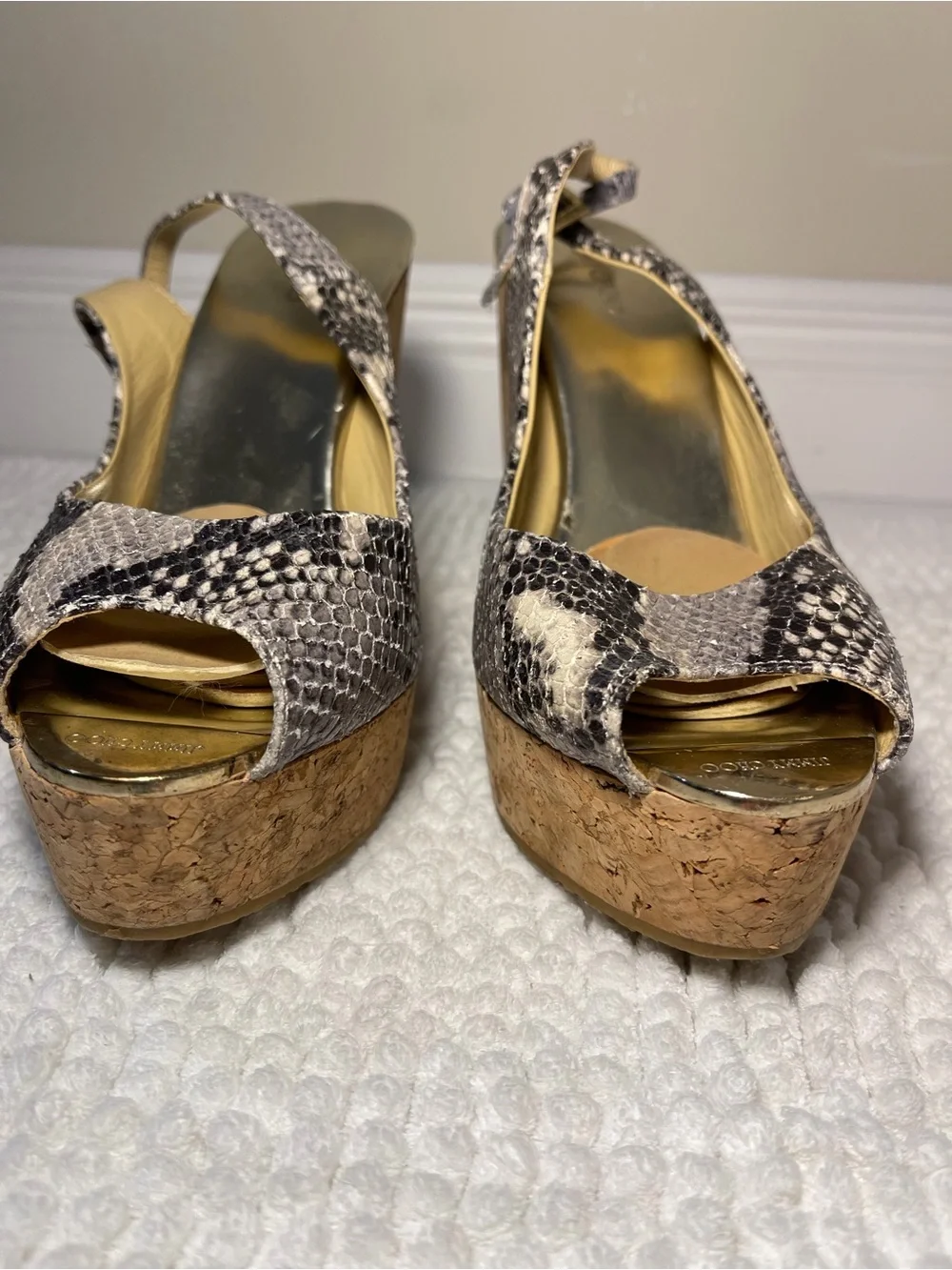 Jimmy Choo Gray Snake-Print Peep-Toe Slingback Heels